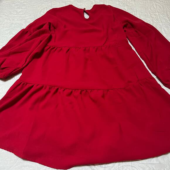 Tiered Long Sleeve Solid Red Dress - Picture 3 of 7